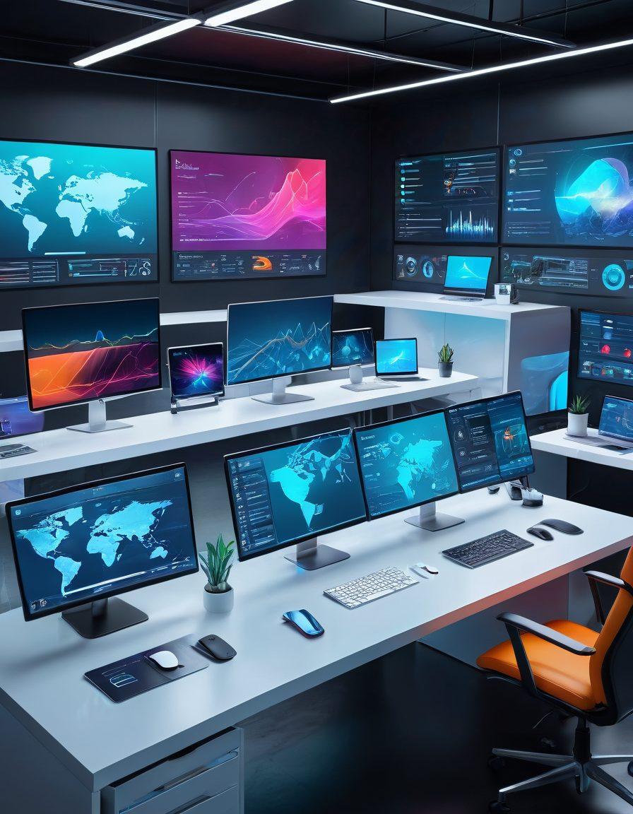 A futuristic digital workspace with sleek holographic screens displaying modern UX/UI designs and SaaS platforms; designers and developers collaborating in a bright, dynamic environment. Emphasize innovation and technology with vibrant colors and seamless integration of tools. Super-realistic. Vibrant colors. 3D.