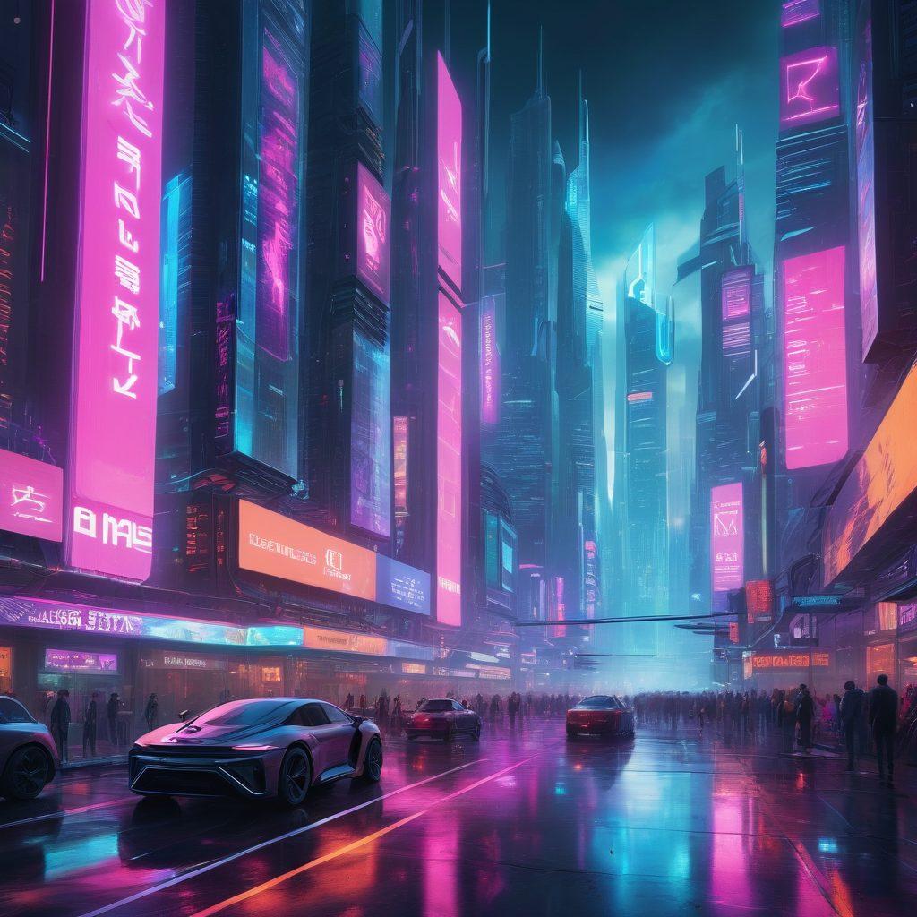 A futuristic cityscape with glowing skyscrapers, incorporating elements like holographic billboards and autonomous drones, symbolizing cutting-edge digital services. The forefront features bustling e-commerce activities with people interacting seamlessly with digital interfaces. A blend of vibrant neon colors and sleek, modern technology. cyberpunk. vibrant colors. super-realistic.